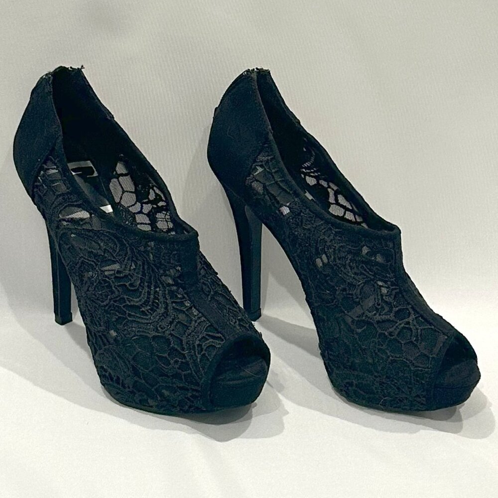 Elle Sabine Black Lace Peep Toe Platform Stiletto Heels Sz 7